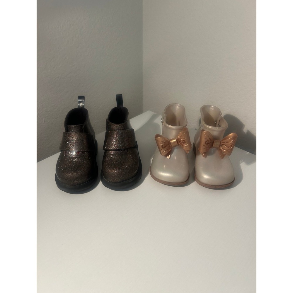 Two Pairs Mini Melissa Girls Boots White with Bow & Black Glitter Size 7c
